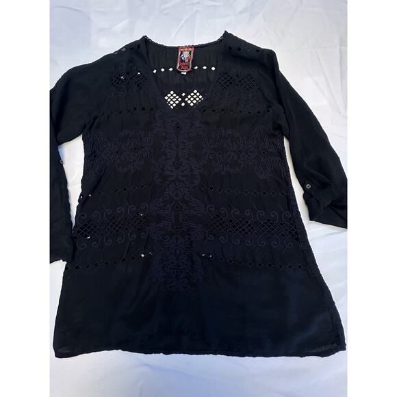 Johnny Was Embroidered Blouse Womens Small Black Eyelet Bohemian Whimsical - Picture 2 of 14